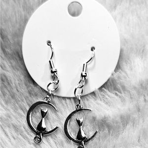 Earrings for Pierced Ears Cat Sitting on Moon